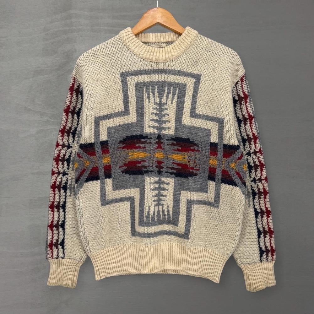 Vintage Chief Joseph Pendleton Wool Sweater Cream Southwestern Geometric 80s XL